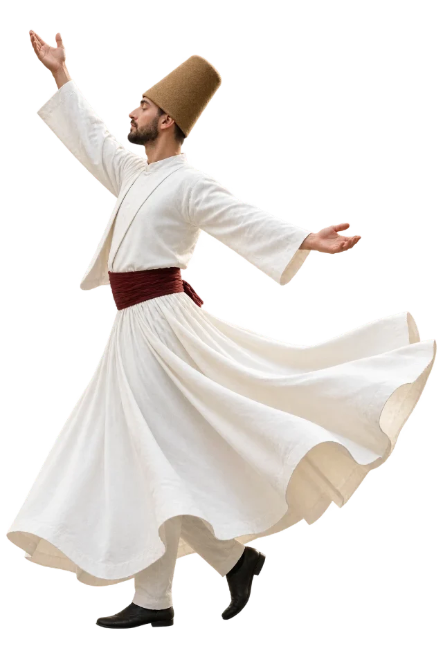 A whirling dervish mid-turn, in a white robe and honey-coloured hat.